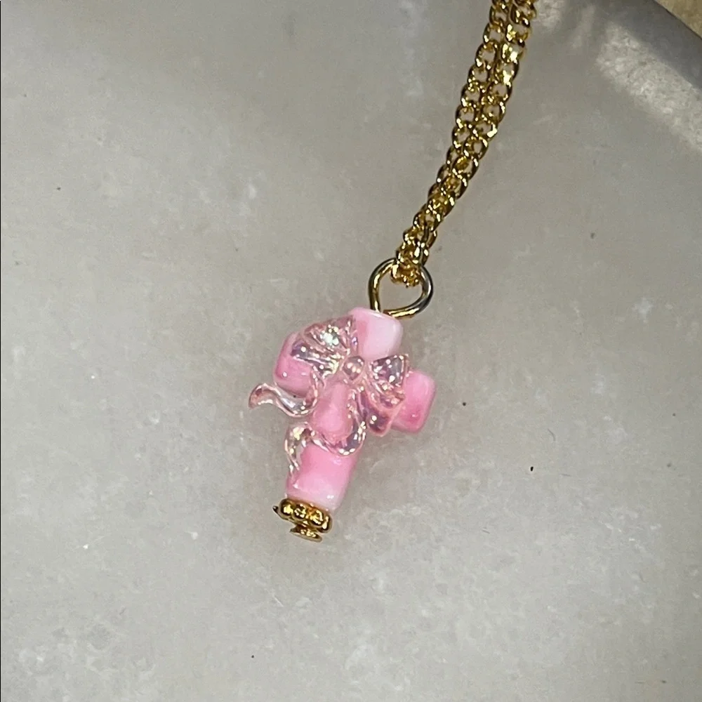 Lightweight Pink Cross with Bow Pendant Necklace